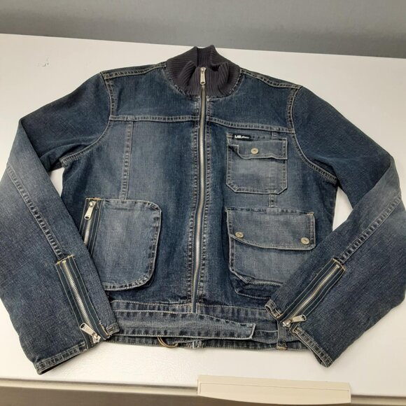Unionbay Vintage Jean Jacket Multi Pocket Knit Collar Belted Waist Women's Large - Picture 1 of 15